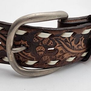 Vintage Men's Brown Leather Belt Size 42 Acorns & Oak Leaves‎ Wester Made in USA